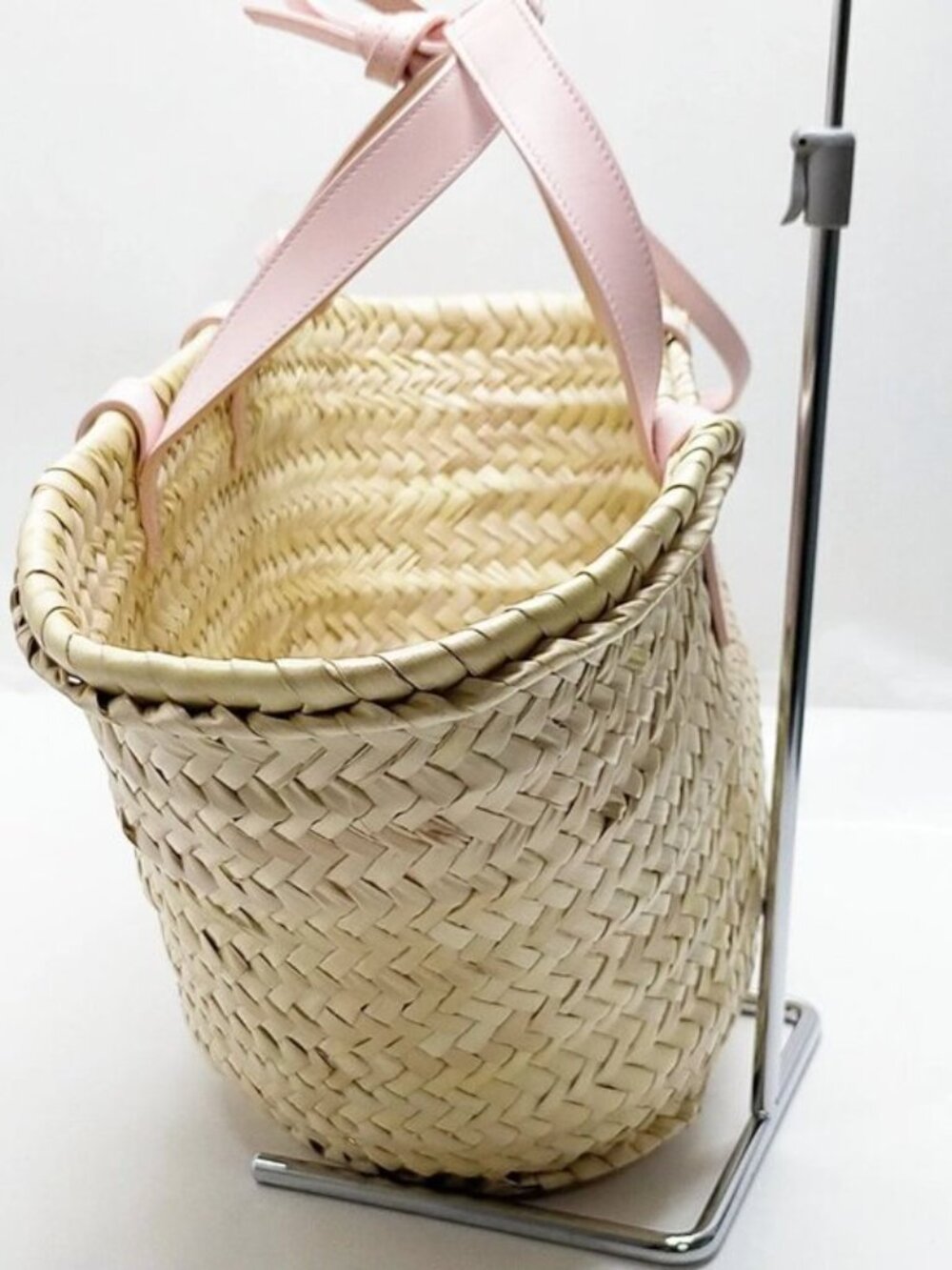 Authentic Celine Triomphe Straw Basket Bag Pink Leather Trim Summer Tote Woven - Picture 4 of 16